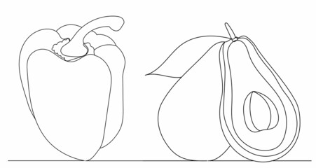 vegetables, peppers and avocado one continuous line drawing, vector
