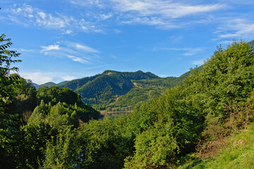 Fototapeta na wymiar Mountains with green forests on a sunny summer morning, in the Romanian countryside neat Gura Sirului, Buzau, Transylvania, Romania 