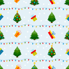 Seamless pattern wich christmas tree, present, gifts, toys, garland.