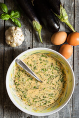 Traditional country stuffed eggplants with egg, cheese, garlic, parsley and oregano filling