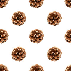 Dry pine cone seamless pattern isolated on white background. Symbol of Christmas and New Year. Autumn and winter season concept. Design element