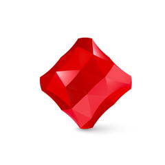 Low Poly Cubical Object, Geometric Wireframe Shape, or Red Crystal Polyhedron with Shadow Effect on White Background
