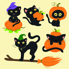A set of vector black cats with a pumpkin and on a broom for the Halloween holiday.