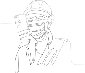 portrait of female construction worker in overalls and medical mask flipping through news about coronavirus. Vector illustration