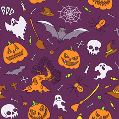 Seamless pattern, background Vector illustration, halloween party elements. Set of icons in cartoon style.