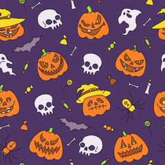 Seamless pattern, background Vector illustration, halloween party elements. Set of icons in cartoon style.
