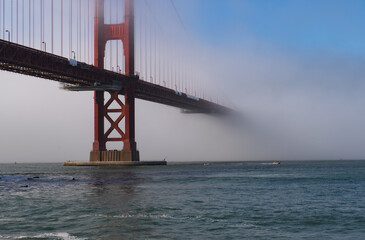 View of Fort Point and Golden Gate Bridge in the foggy summer afternoon