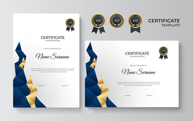 Blue and gold certificate of achievement template with gold badge and border