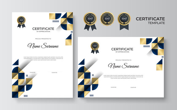 Blue and gold certificate of achievement template with gold badge and border