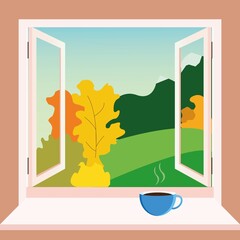 Autumn window view with cup of hot tea