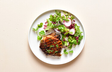 Roasted pork steak with salad from fresh vegetable