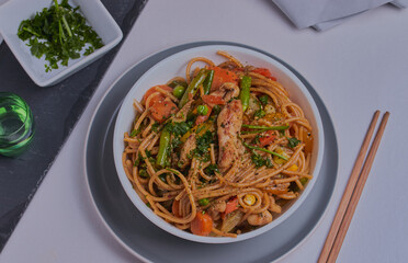 Chicken stir-fry with mixed vegetables.
