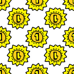 Seamless pattern of gold medal number one. Vector pattern of a round medal with the number one, in the style of a doodle in the form of triangular faces, yellow flat, located for a design template, a 