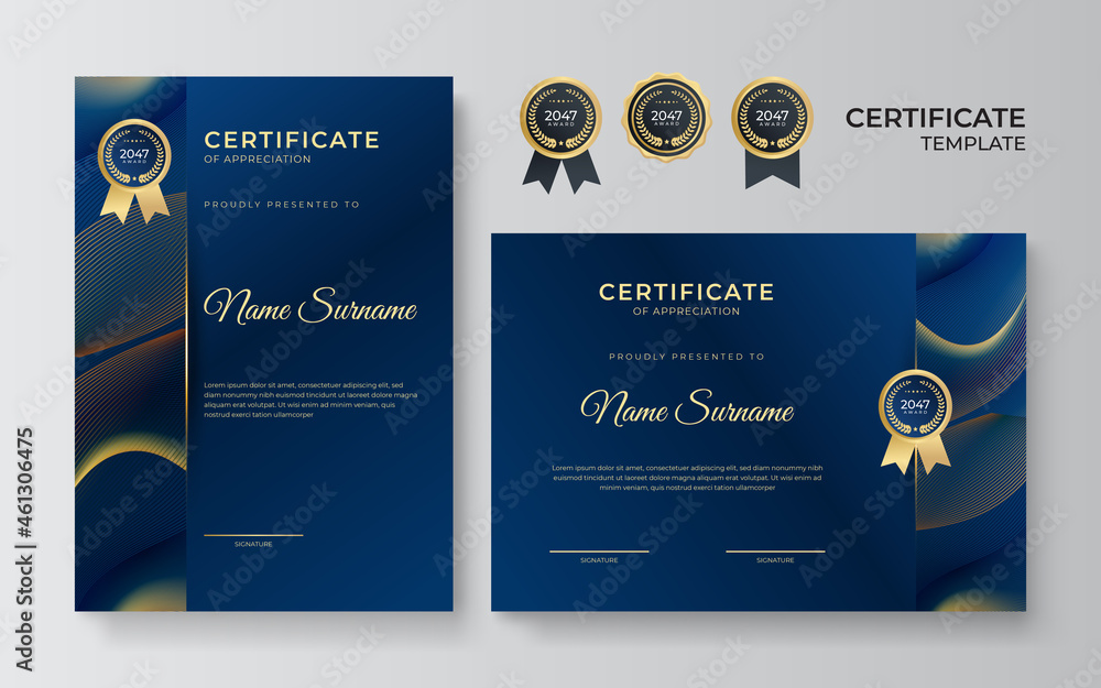 Wall mural Modern elegant blue and gold diploma certificate template. Clean modern certificate with gold badge. Certificate border template with luxury and modern line pattern. Diploma vector template