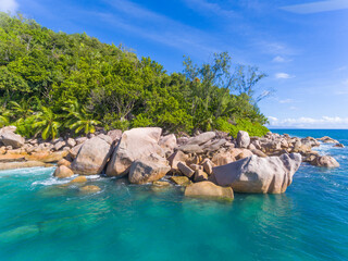 An aerial view of the stones on Anse Georgette beach on Praslin island in Seychelles