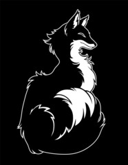 black silhouette of a fluffy fox in profile