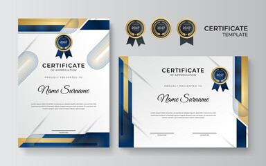 Modern elegant blue and gold diploma certificate template. Clean modern certificate with gold badge. Certificate border template with luxury and modern line pattern. Diploma vector template
