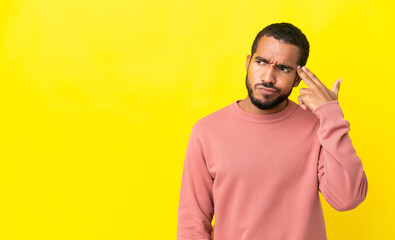 Young latin man isolated on yellow background with problems making suicide gesture
