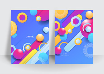 Colorful trendy abstract 3D geometric background for brochure cover design template. Vibrant contrast pattern background with abstract shapes and colors. Modern vector pattern