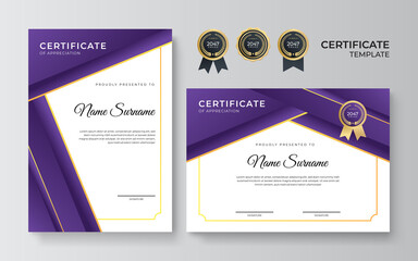 Certificate of appreciation template, colorful and vibrant color. Clean modern certificate with gold badge. Certificate border template with luxury and modern line pattern. Diploma vector template