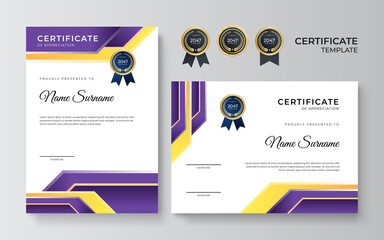 Certificate of appreciation template, colorful and vibrant color. Clean modern certificate with gold badge. Certificate border template with luxury and modern line pattern. Diploma vector template