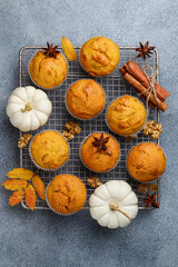Autumn pumpkin muffins or cupcakes with walnuts on a metal wire rack. Spicy vegetable bakery. Healthy vegetarian  dessert. Top view