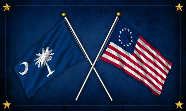 South Carolina and American Revolutionary War flags on navy background