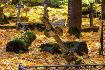 fallen grave cross in an old abandoned cemetery on a sunny autumn day