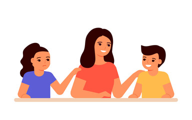 Fototapeta premium Jealous relationship siblings in family, conflict children and envy for mother. Parent choice darling child, inequality kids. Jealousy in family. Childrens jealousy, resentment. Vector