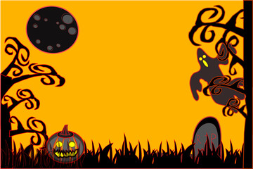 halloween silhouette of jack o lantern ghost tombstone cross moon castle in black and orange place to text