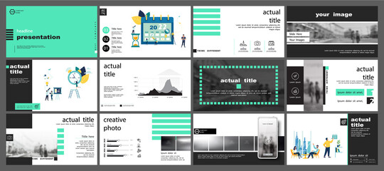 Business presentation powerpoint, infographic design template green, elements white background set. Calendar plan 2022. A team of people creates a city business. Financial work in a team. Use of flyer