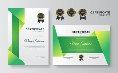 Set certificate template with dynamic and futuristic polygonal green color and modern background
