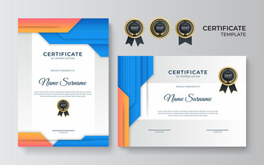 Set certificate template with dynamic and futuristic polygonal blue orange color and modern background