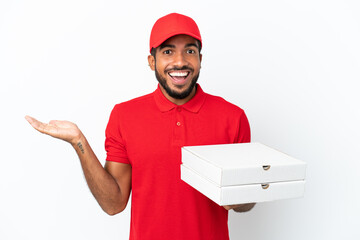 pizza delivery man picking up pizza boxes isolated on white background with shocked facial...