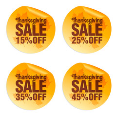 Thanksgiving orange sale stickers set 15%, 25%, 35%, 45% off with autumn leaves. Vector illustration