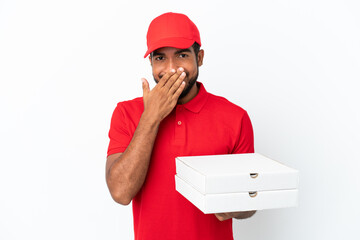 pizza delivery man picking up pizza boxes isolated on white background happy and smiling covering mouth with hand