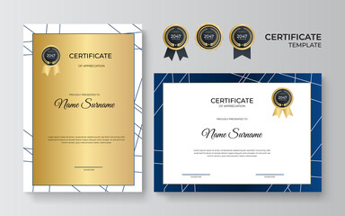 Multipurpose certificate of appreciation template with blue and gold color, modern luxury border certificate design with gold badge