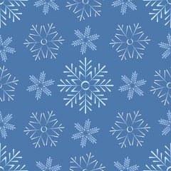 Fototapeta premium Christmas, New Year, holidays seamless pattern with painted snowflakes on a blue background. Winter texture for printing, paper, design, fabric, decor, gift, food packaging, backgrounds.