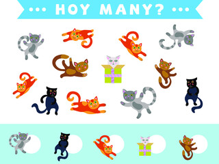 Counting childrens game of cartoon cats of different colors. Collection of teaching children. Count how many elements and write down the result. Preschool worksheet.