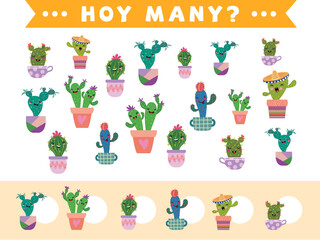 Fototapeta premium Counting children's play of cartoon variety of cacti in flowerpots. Collection of teaching children. Count how many elements and write down the result. Preschool worksheet.