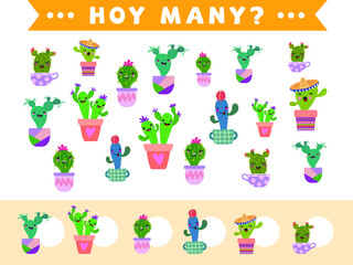 Counting children's play of cartoon variety of cacti in flowerpots. Collection of teaching children. Count how many elements and write down the result. Preschool worksheet.
