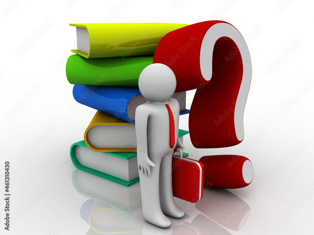 Poster 3d rendering books with question mark symbol near student