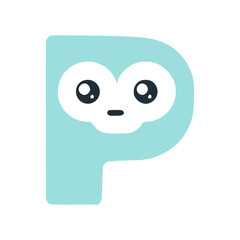 Letter p cute kawaii character, turquoise funny smiley clipart