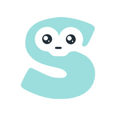 Obraz premium Letter s cute kawaii character, turquoise funny smiley clipart