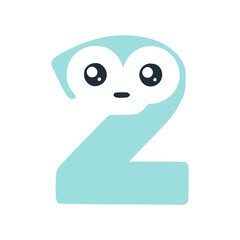 Number 2 cute kawaii character, turquoise funny smiley clipart