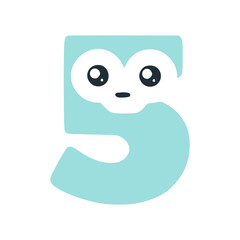 Number 5 cute kawaii character, turquoise funny smiley clipart