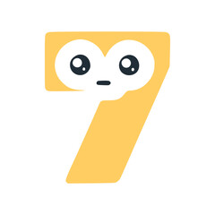 Number 7 cute kawaii character, yellow funny smiley clipart