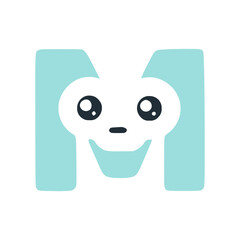 Letter m cute kawaii character, turquoise funny smiley clipart