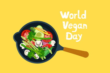World Vegan Day illustration. Various vegetables mix in a frying pan and the inscription World Vegan Day. Vector illustration on yellow background - obrazy, fototapety, plakaty