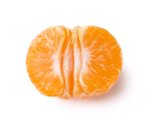 Ripe juicy peeled mandarin half isolated on white background.